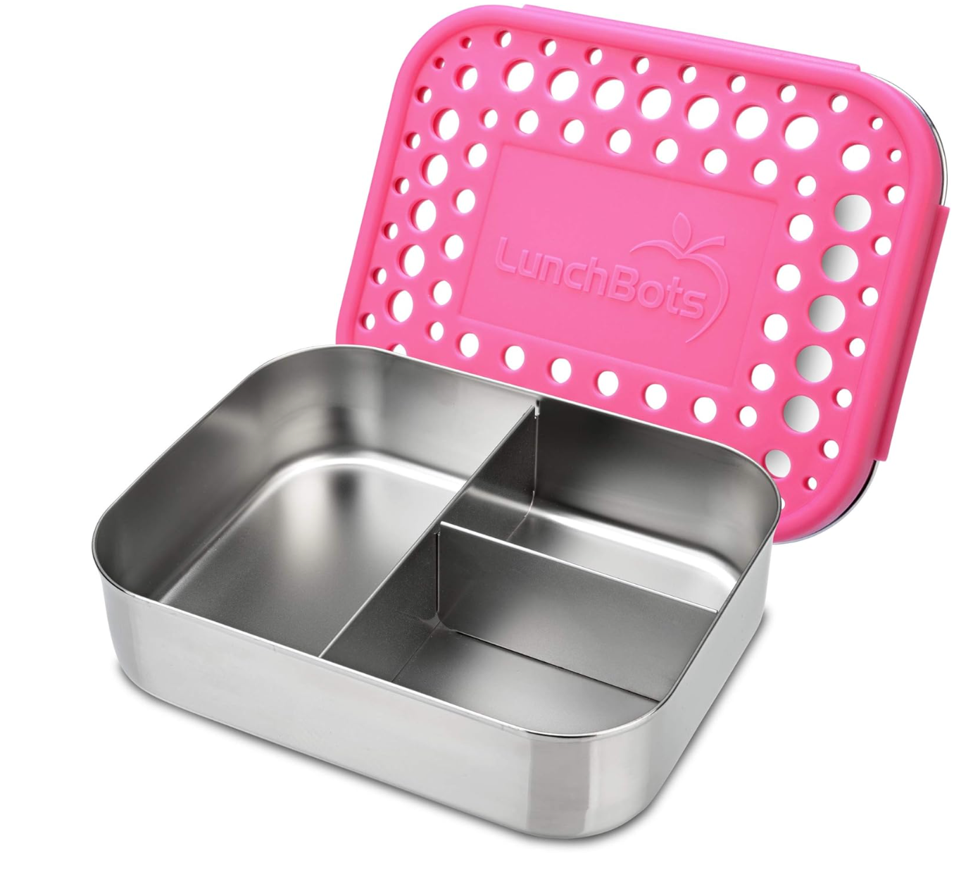 Lunchbots τριών διαμερισμάτων κουτί με ροζ πλαστικό κάλυμμα πάνω από ένα καπάκι από ανοξείδωτο χάλυβα