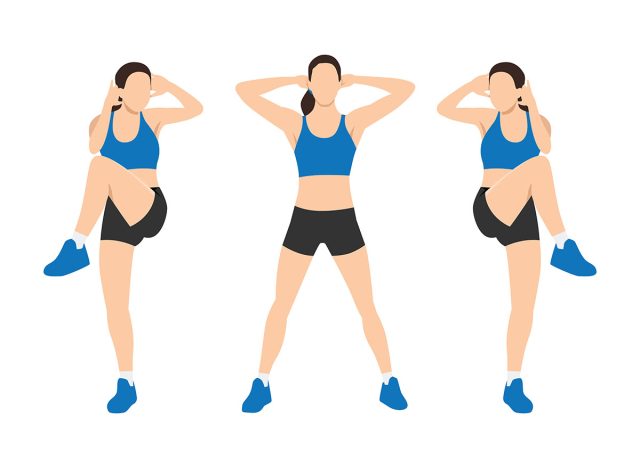 Γυναίκα που κάνει τη στέγη Criss Cross Crunches άσκηση. Επίπεδη απεικόνιση διανυσμάτων απομονωμένη σε λευκό φόντο