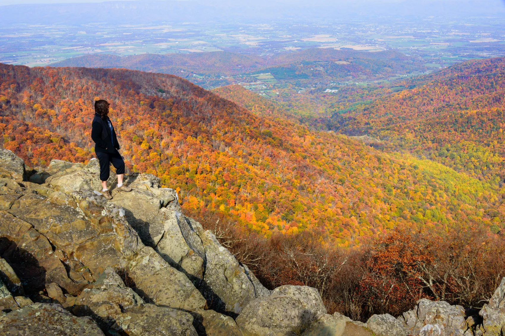 Πτώση στο Εθνικό Πάρκο Shenandoah Μια γυναίκα πεζοπόρος στέκεται σε μια άκρη του βράχου που κοιτάζει πάνω από ένα δάσος δέντρων που αλλάζουν χρώματα το φθινόπωρο στο Εθνικό Πάρκο Shenandoah